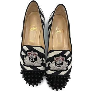 Christian Louboutin Intern Flat Patent Studded Loafers Black White Stripe Sz 40